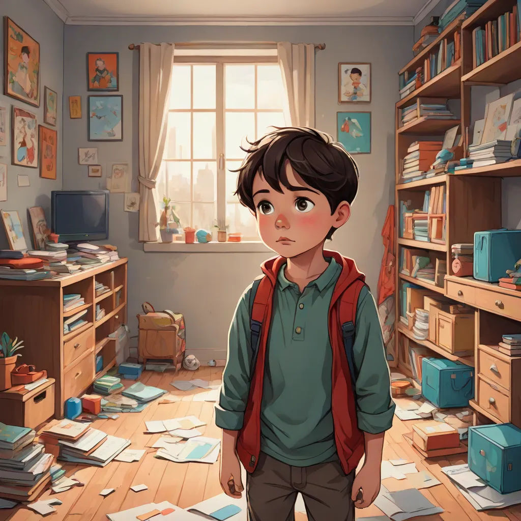 a boy standing in a messy room with a lot of papers on the floor and a window in the background, photorealism, a storybook illustration, Diego Gisbert Llorens, rossdraws global illumination