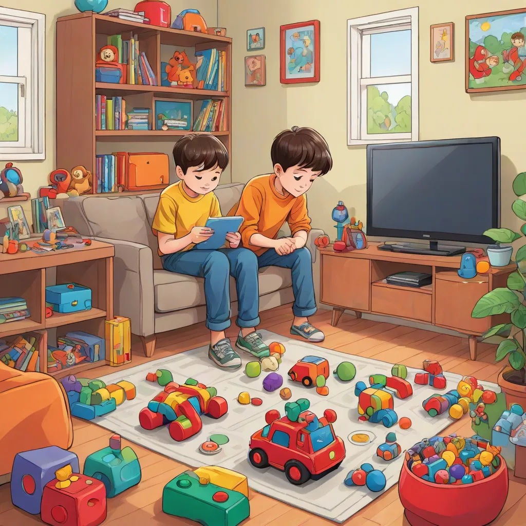 two boys playing with toys in a living room with a television and a couch in the background with a large window, lyco art, a storybook illustration, Diego Gisbert Llorens, highly detailed digital painting