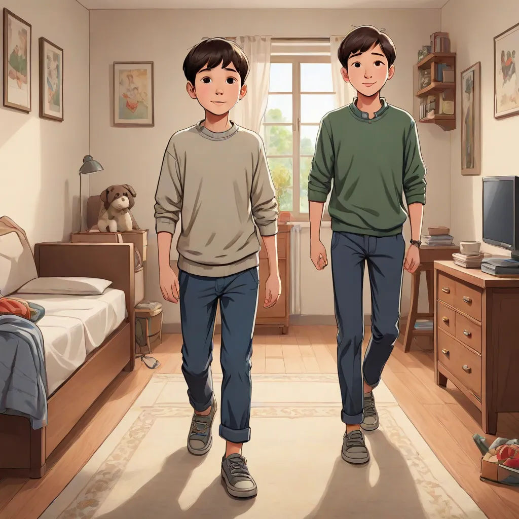 a couple of kids standing in a bedroom next to a bed and a tv set on a table with a teddy bear, les automatistes, a storybook illustration, Brothers Hildebrandt, rossdraws global illumination