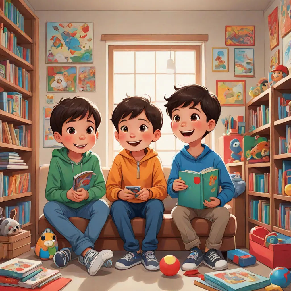 three boys sitting on a couch in a library reading books and smiling at the camera while holding a book, lyco art, a storybook illustration, Diego Gisbert Llorens, storybook illustration