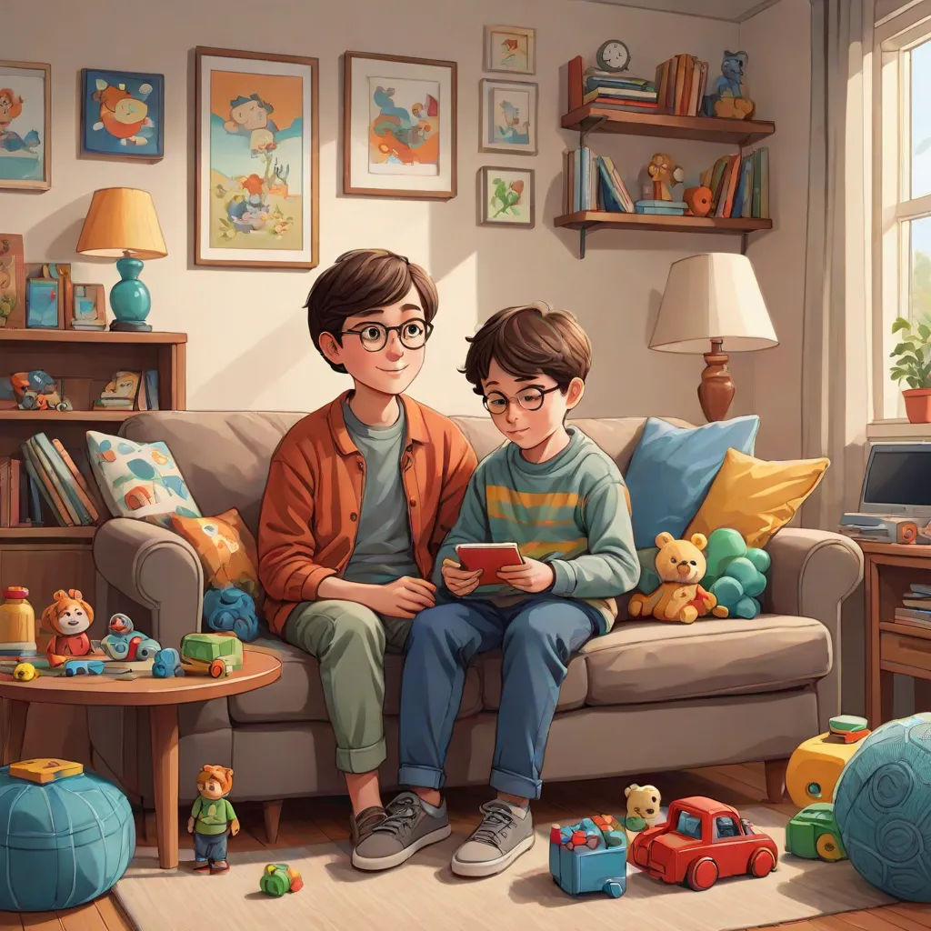 a boy and a boy sitting on a couch in a room with toys and a lamp on the table, sots art, a storybook illustration, Diego Gisbert Llorens, storybook illustration