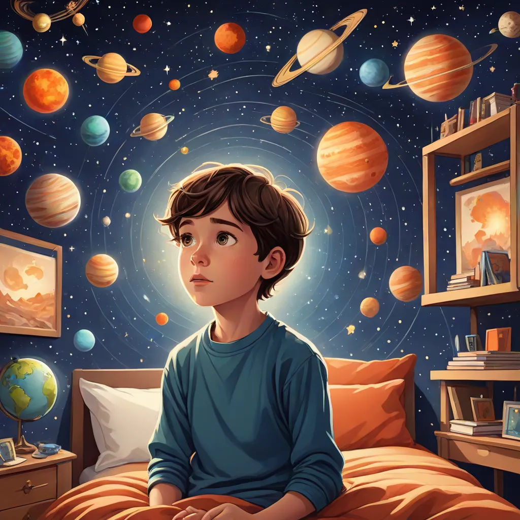 a boy sitting in bed with a lot of planets around him and a space scene in the background with a boy looking up, space art, a detailed painting, Aaron Jasinski, space