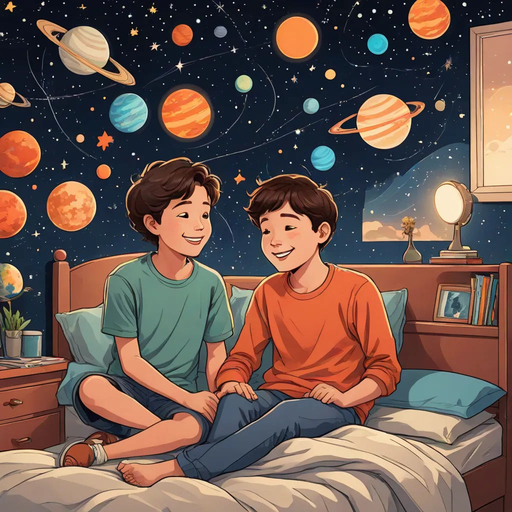 two boys sitting on a bed in front of a solar system mural with planets and stars above them,, space art, a storybook illustration, Felix-Kelly, space