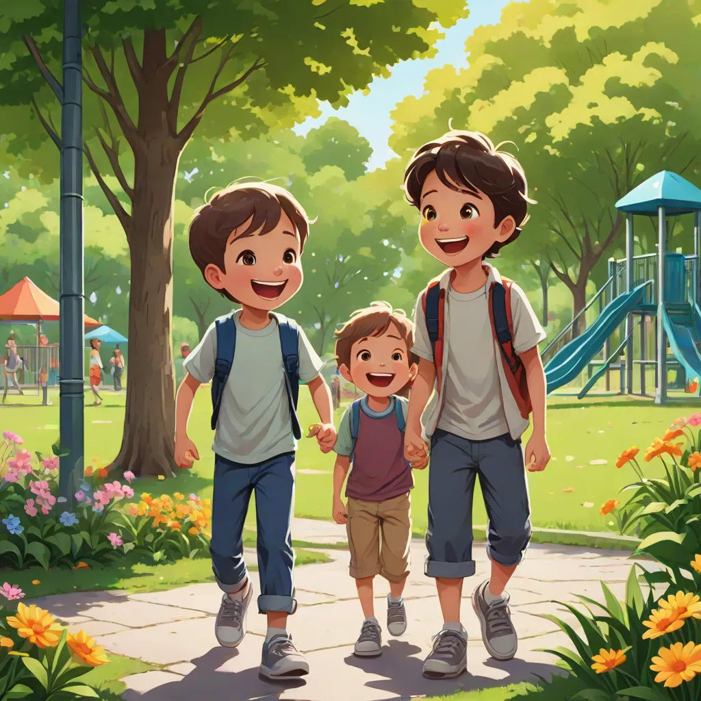 a couple of kids standing next to each other in a park with a playground in the background and a playground in the background, american scene painting, a storybook illustration, Brothers Hildebrandt, official art