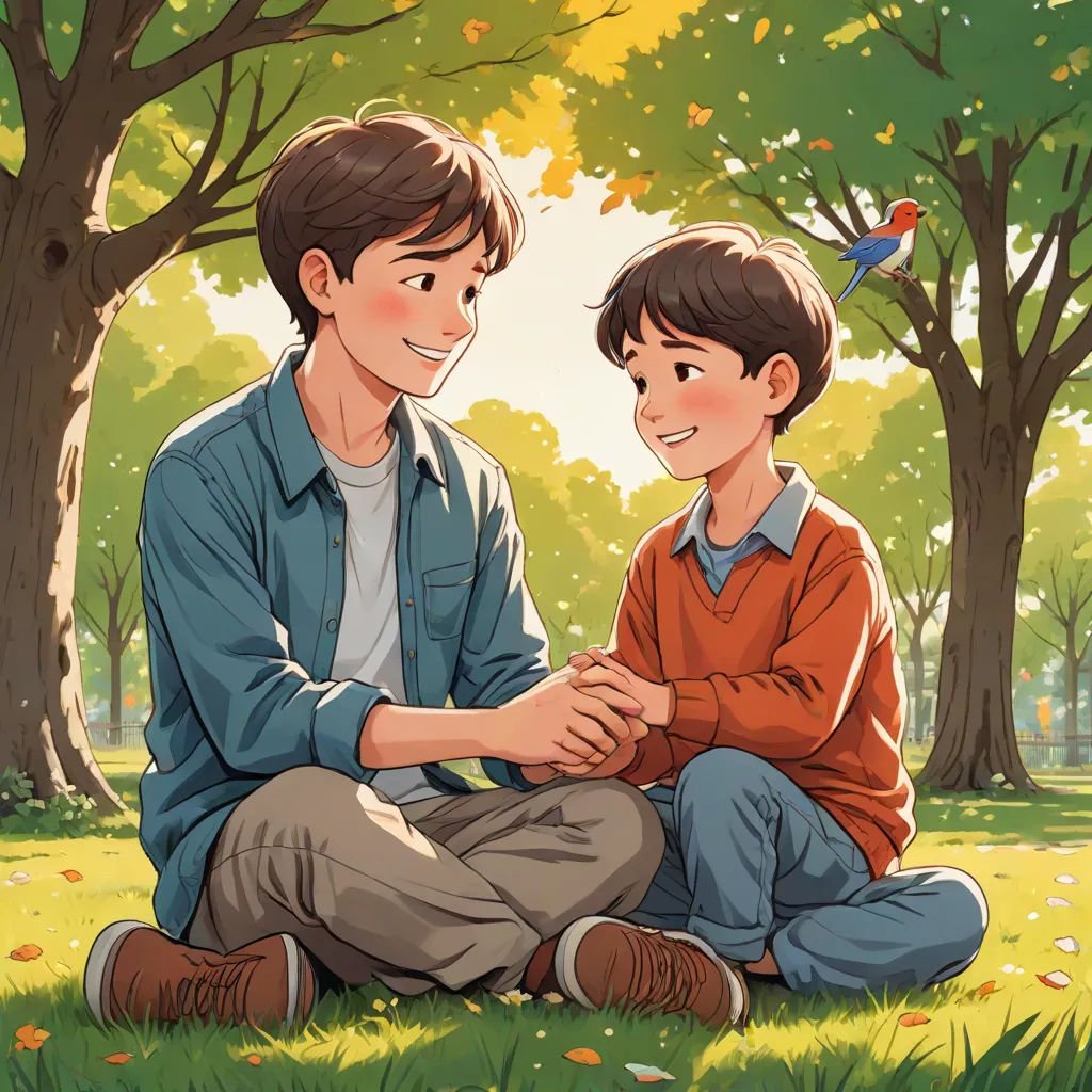 a boy and a boy sitting in the grass together, with a bird flying above them, in the background, art & language, a storybook illustration, David Park, official art