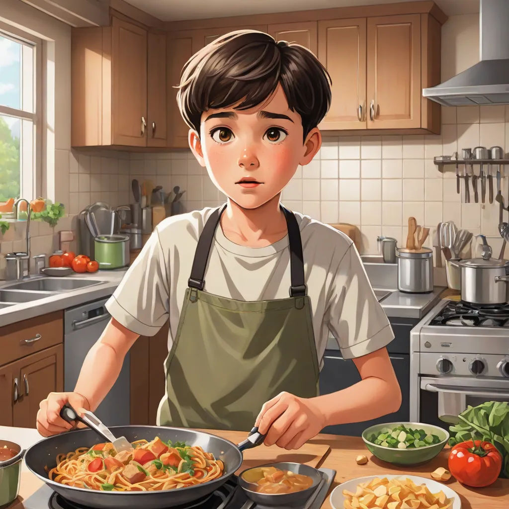 a boy is cooking in a kitchen with a frying pan and a bowl of food on the counter, sots art, a storybook illustration, Alejandro Burdisio, official art