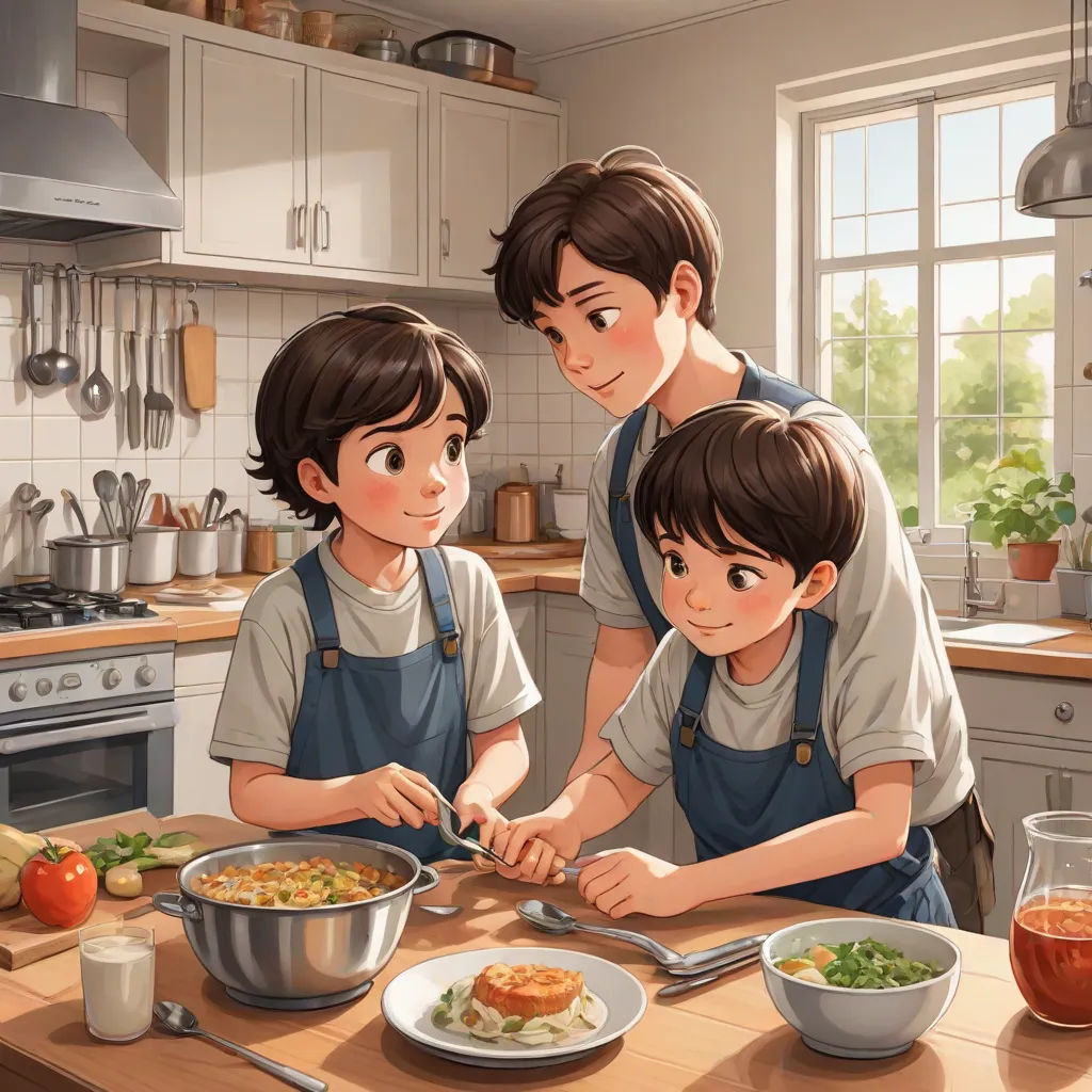a family is preparing a meal in the kitchen together, while the child is eating a meal with his mother, american scene painting, a storybook illustration, Brothers Hildebrandt, official art