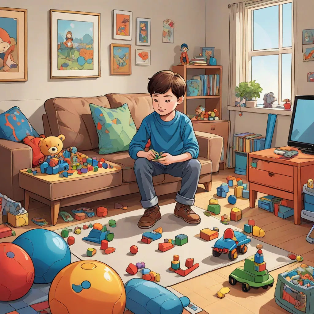 a boy sitting on a couch in a room with toys all around him and a television in the background, lyco art, a storybook illustration, Diego Gisbert Llorens, storybook illustration