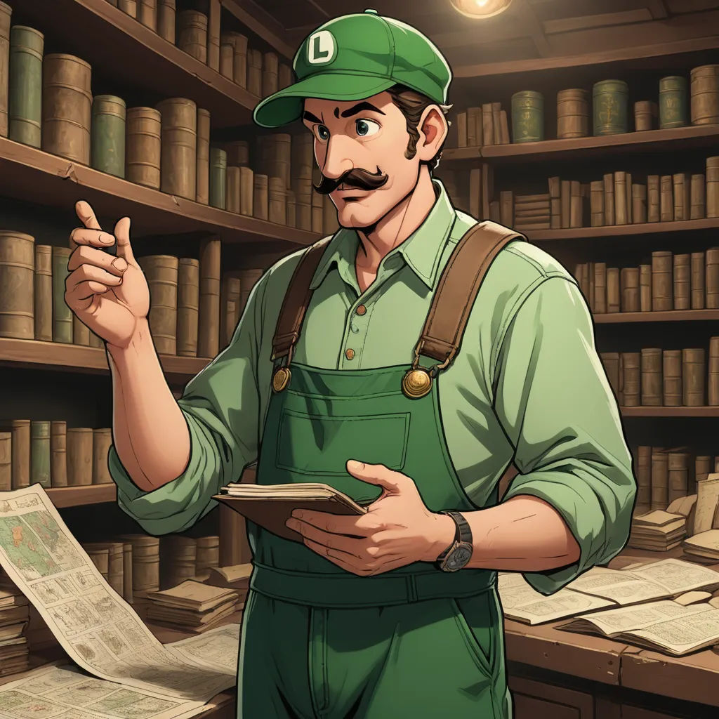 a man in a green hat and overalls holding a book in a library with shelves of books and papers, academic art, concept art, Adam Manyoki, official art