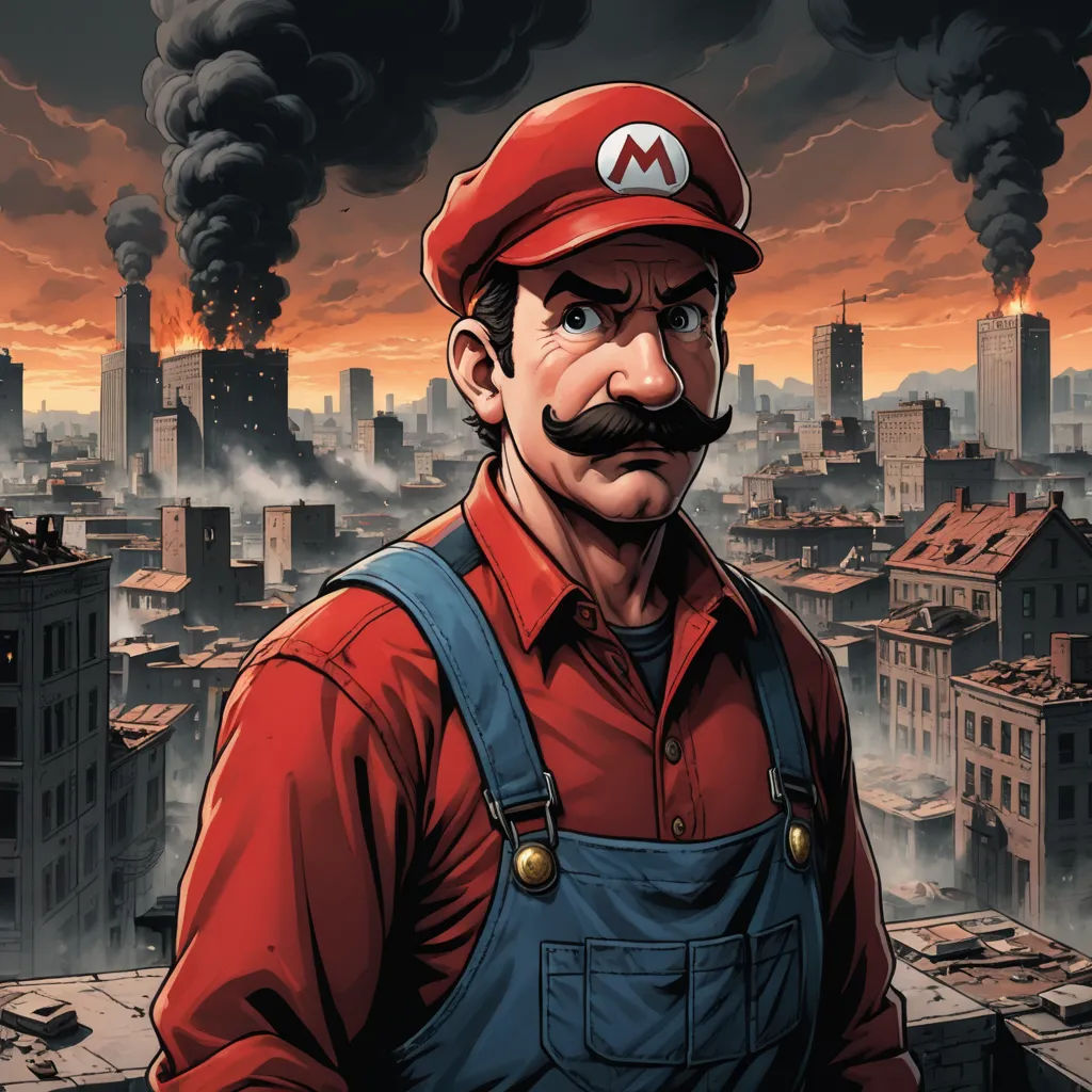 a man with a mustache and a mustache mustache in front of a city skyline with smoke stacks and buildings, underground comix, a comic book panel, Eddie Mendoza, comic cover art