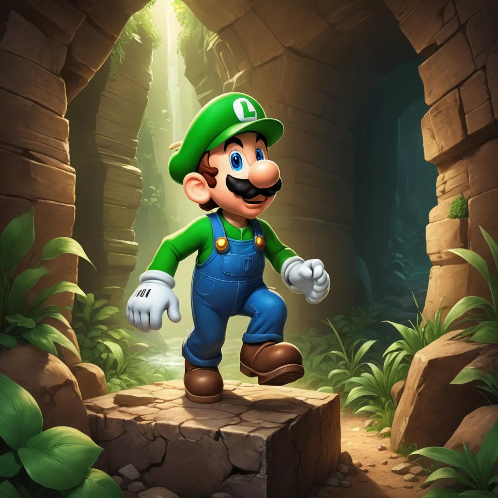 a cartoon of a man in a green hat and overalls in a cave with a light coming from behind, sots art, concept art, Chris LaBrooy, official art