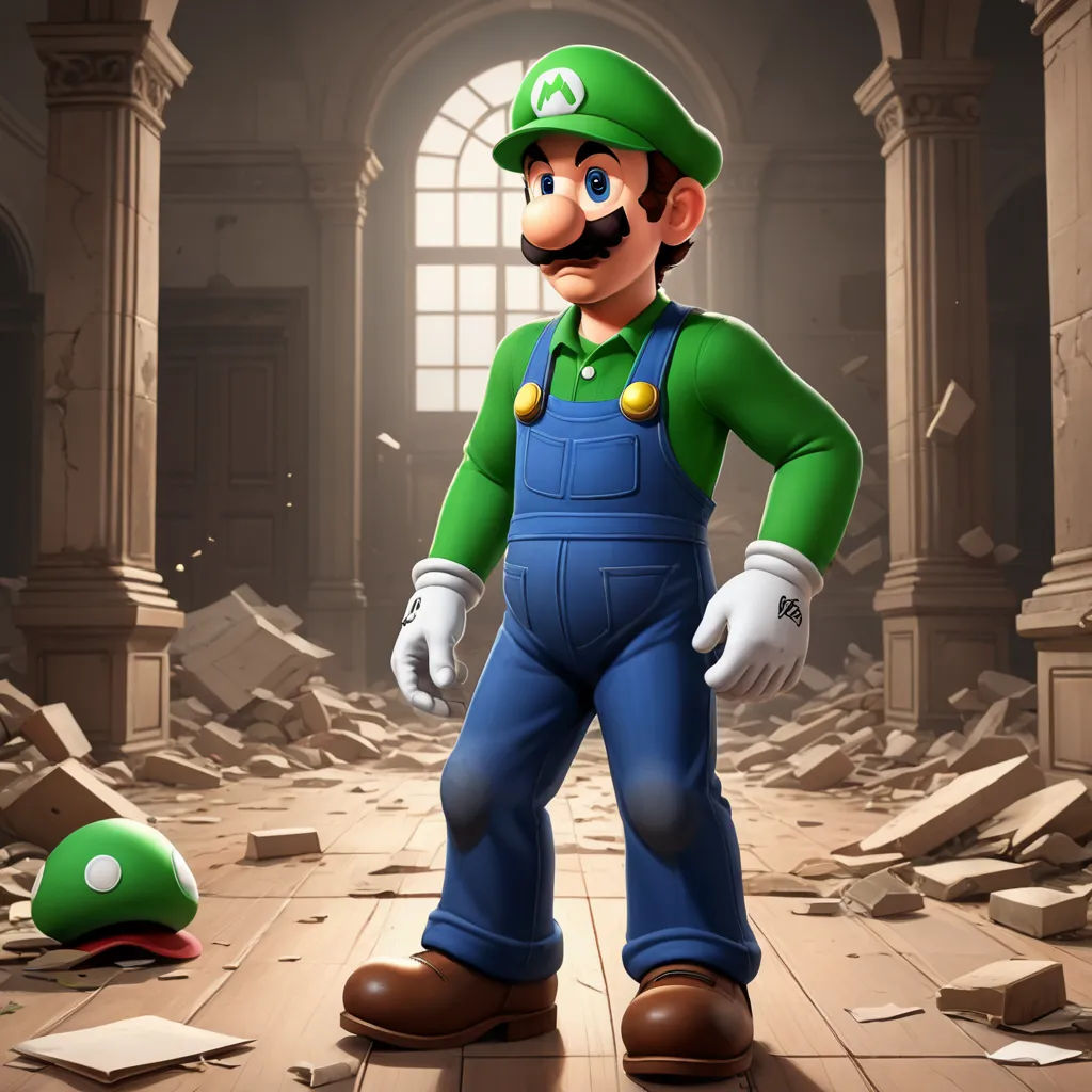 a cartoon of a man in overalls and a hat standing in a room with rubble and debris on the floor, sots art, an ambient occlusion render, Chris LaBrooy, unreal engine 5 quality render