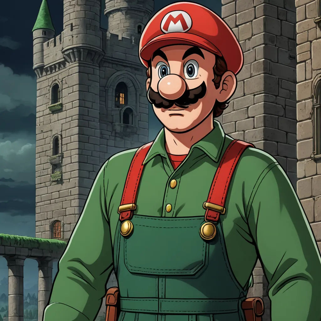 a cartoon of a man with a mustache and a mustache mustache in front of a castle with a green roof, sots art, concept art, Eddie Mendoza, official art