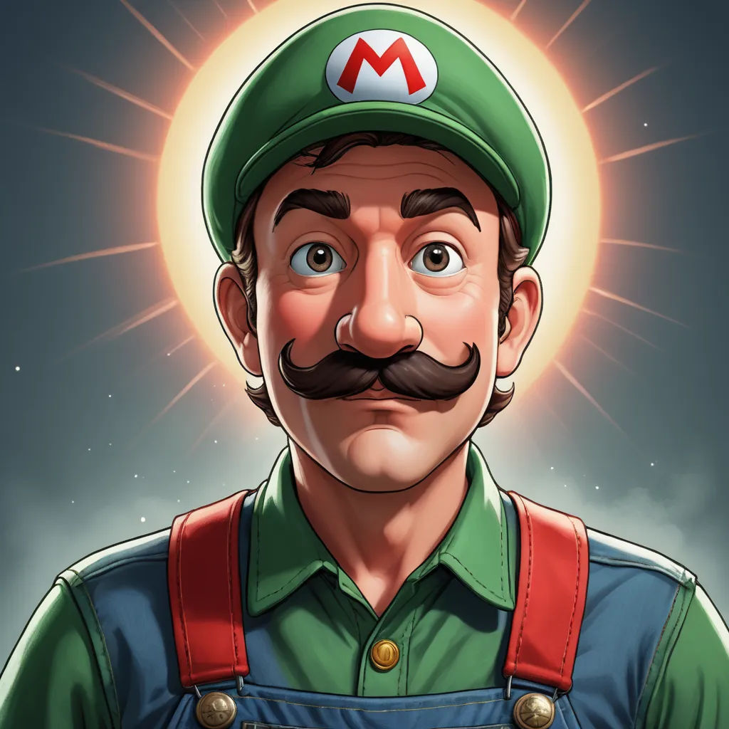 a cartoon of a man with a mustache and a mustache on his head, wearing a green shirt and red suspenders, sots art, a character portrait, Eddie Mendoza, character portrait