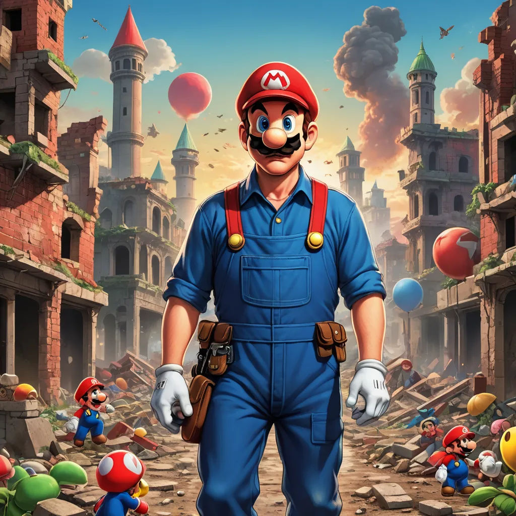 a man in a blue jumpsuit standing in front of a bunch of balloons and buildings with a mario on it, sots art, concept art, Chris LaBrooy, official art