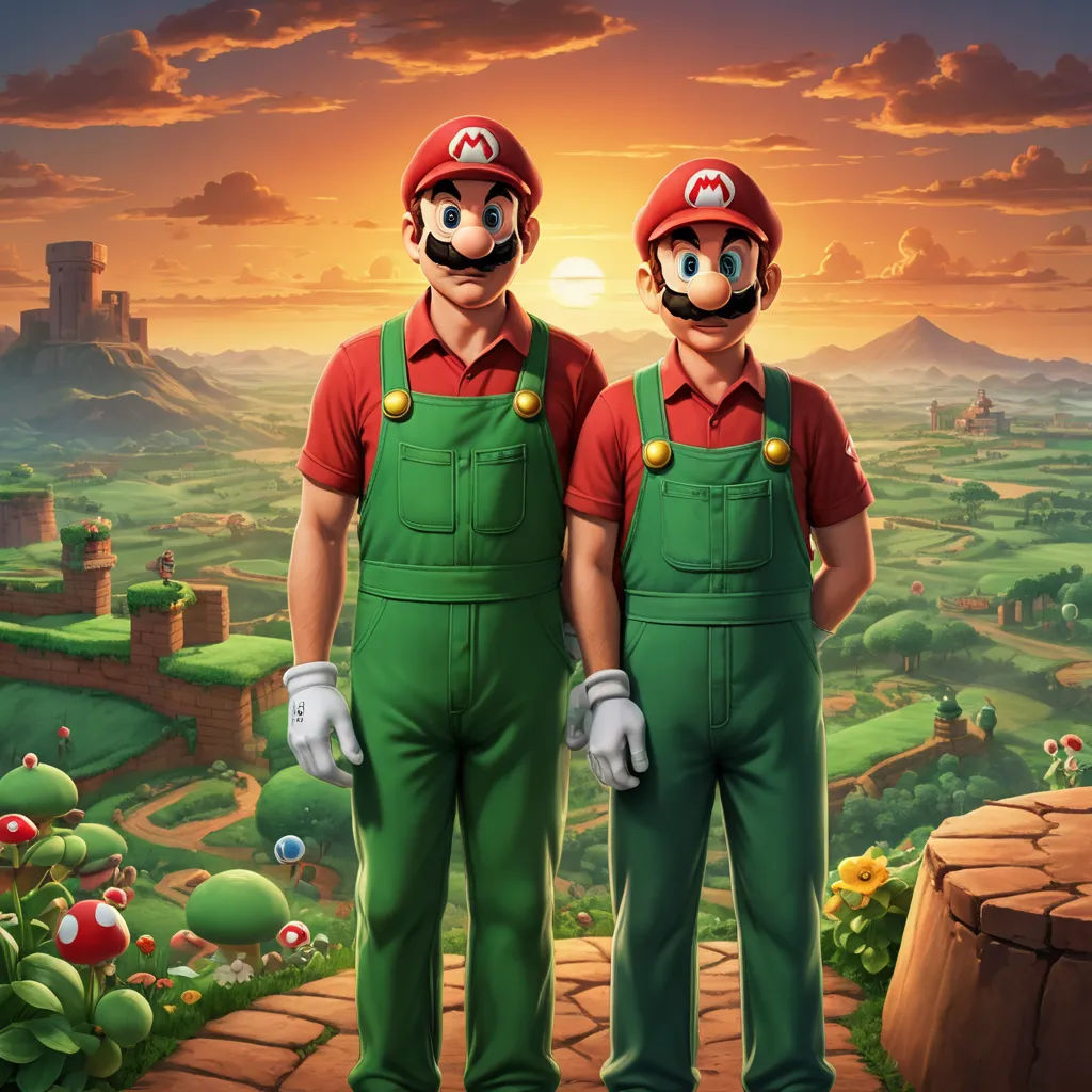 two people in green overalls standing in front of a landscape with a castle and a sunset in the background, fantastic realism, a surrealist painting, Chris LaBrooy, game art