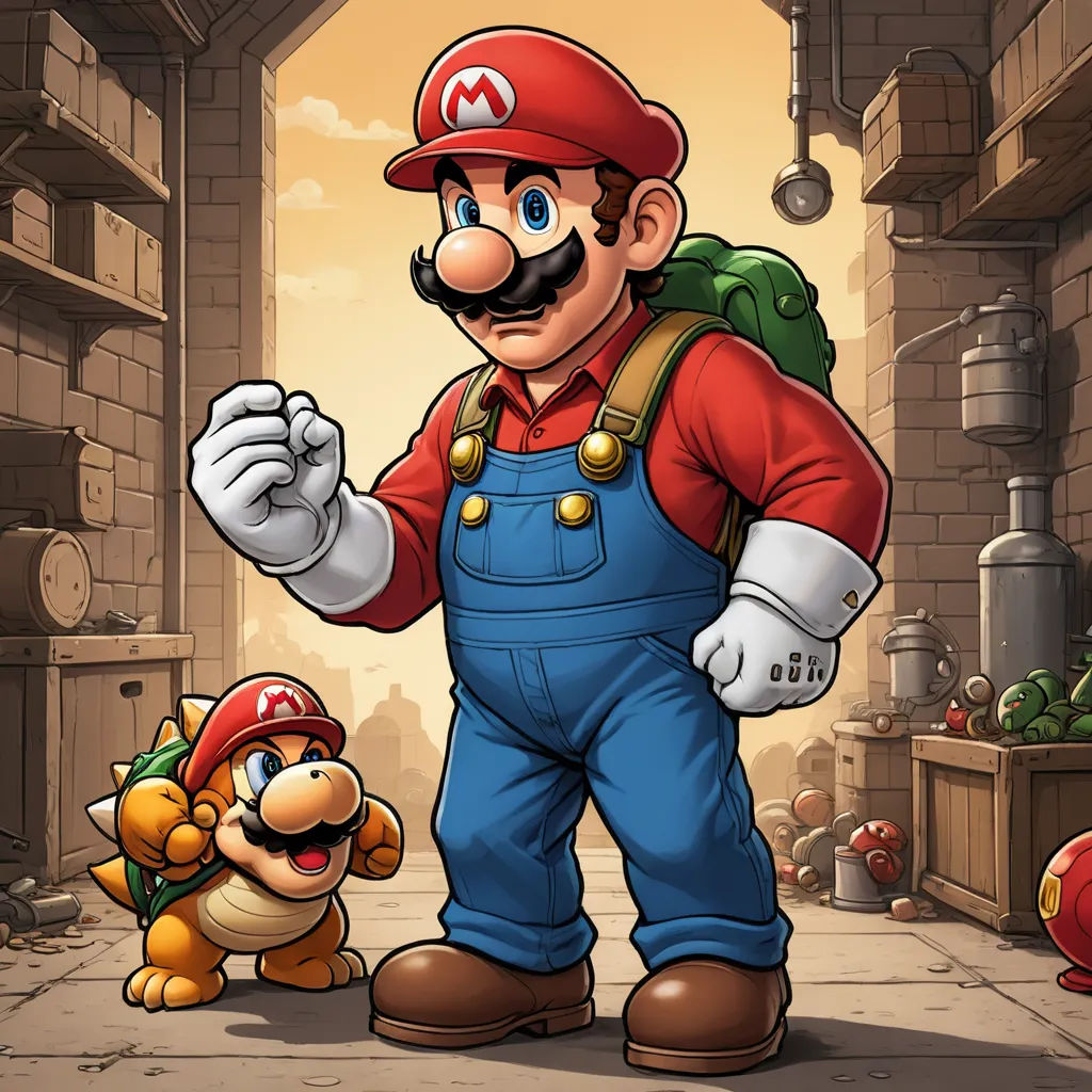 a cartoon of a man with a mustache and a mustache on his face standing next to a nintendo character, sots art, concept art, Dan Mumford, official art