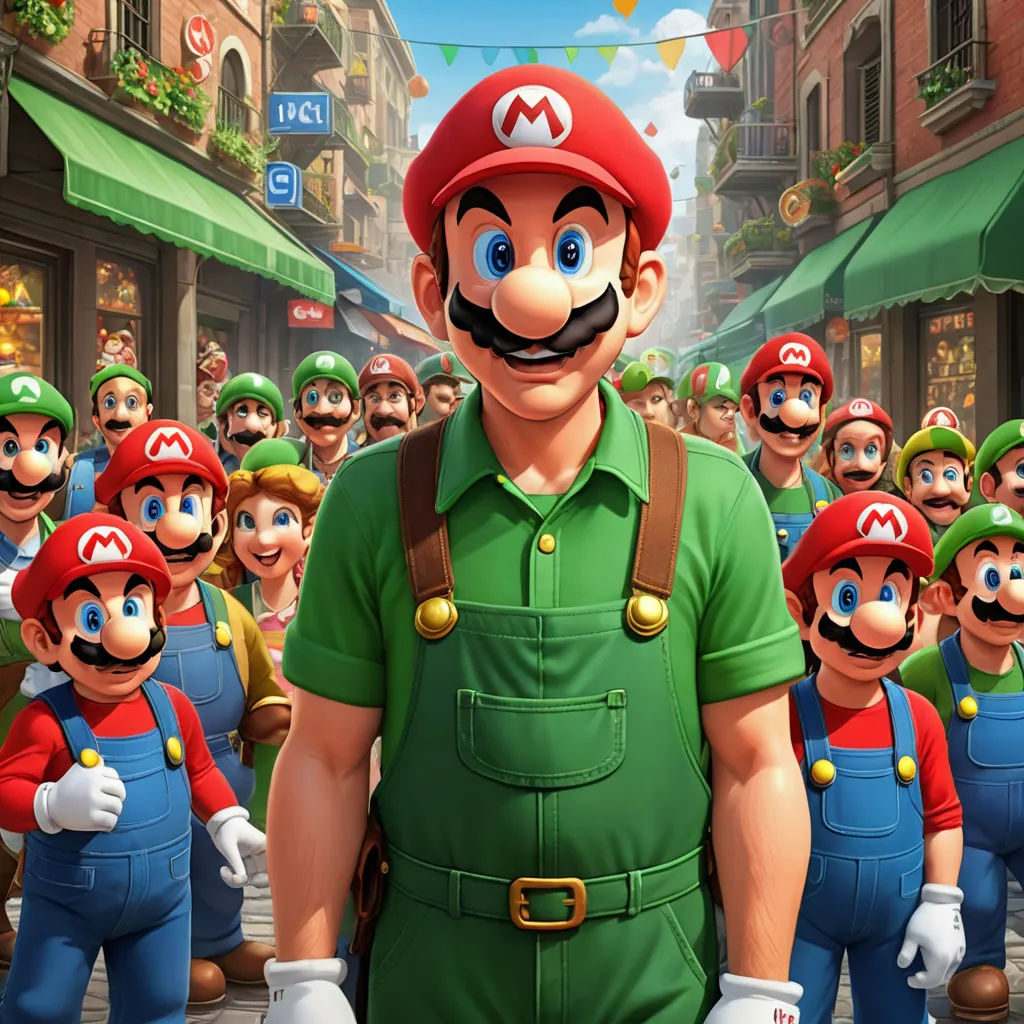 a man in a green shirt and overalls standing in front of a group of people in mario bros, sots art, concept art, Chris LaBrooy, official art