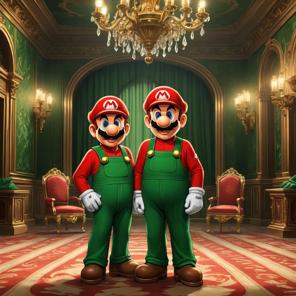 two mario and luigi are standing in a room with a chandelier and a carpeted floor with a red and green carpet, sots art, concept art, Chris LaBrooy, official art