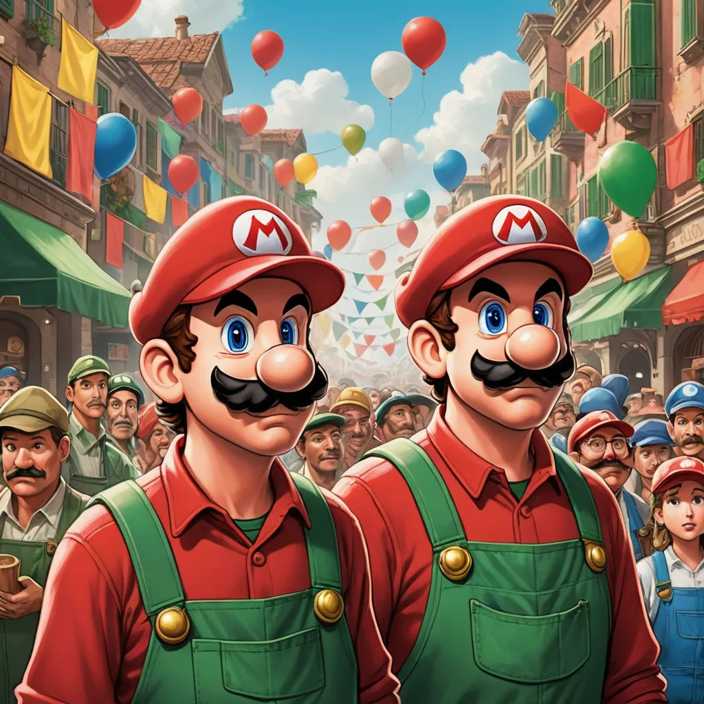 two mario bros characters are standing in front of a crowd of people in a city with balloons in the sky, fantastic realism, concept art, Brothers Hildebrandt, official art