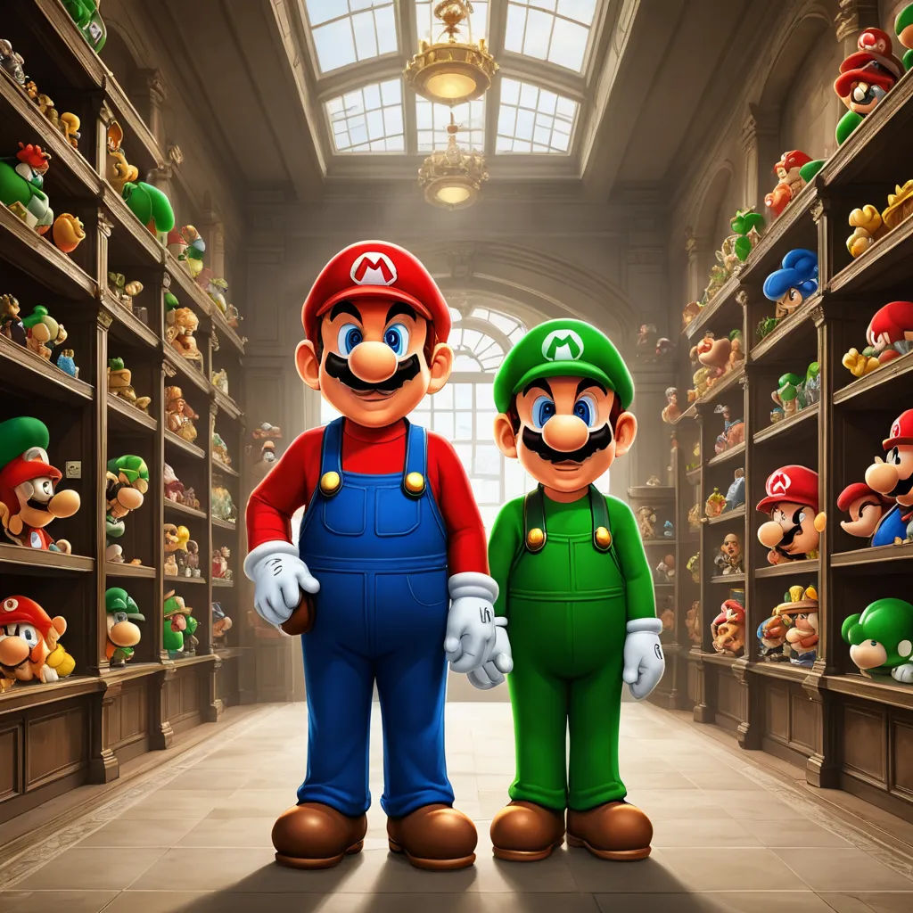 two people standing in a store with mario and luigi in front of them, all dressed in green and red, sots art, concept art, Chris LaBrooy, official art