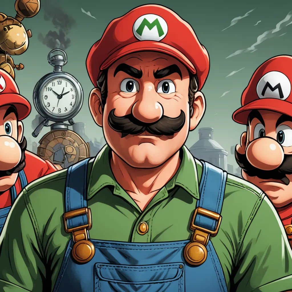 a man with a mustache and mustaches standing in front of a group of mario bros characters with a clock in the background, sots art, concept art, Diego Gisbert Llorens, official art