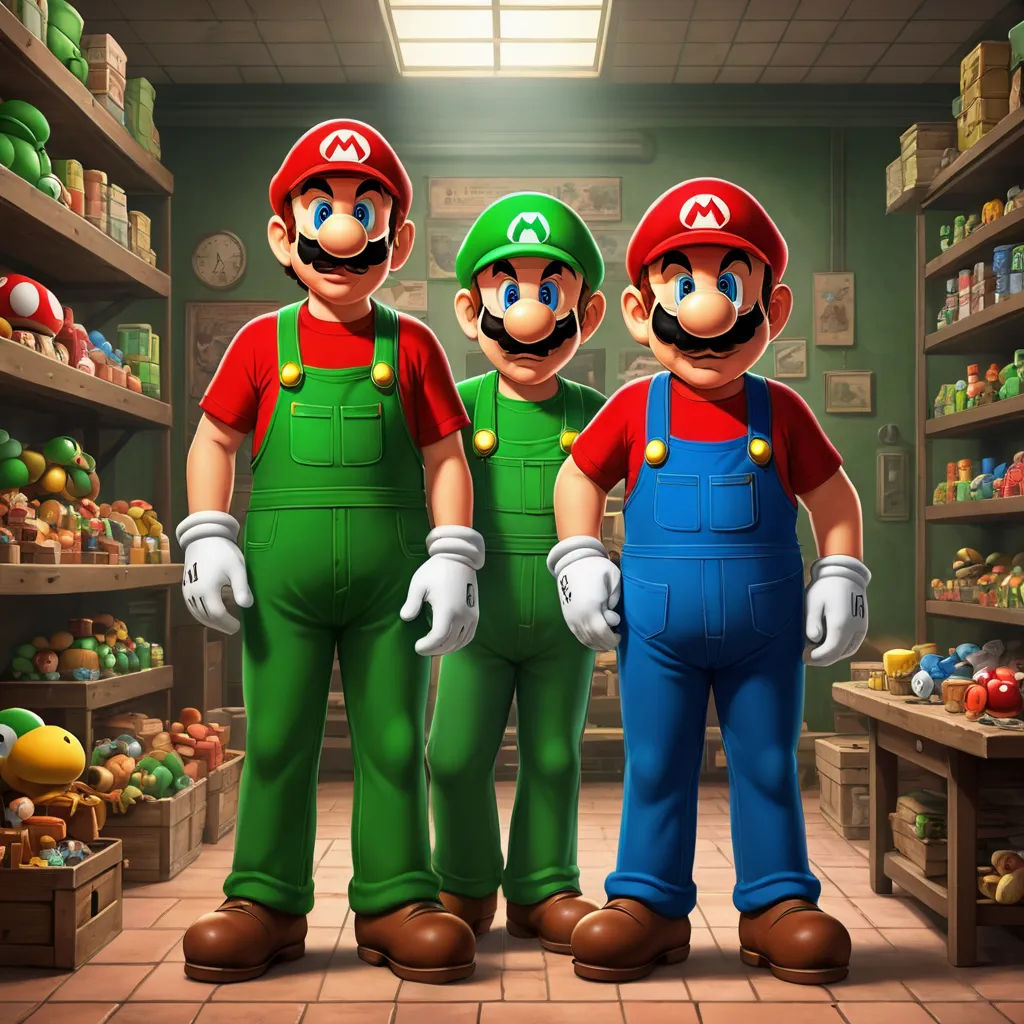 three men in green and red overalls standing in a store with shelves full of toys and other items, sots art, an ultrafine detailed painting, Dan Mumford, game art