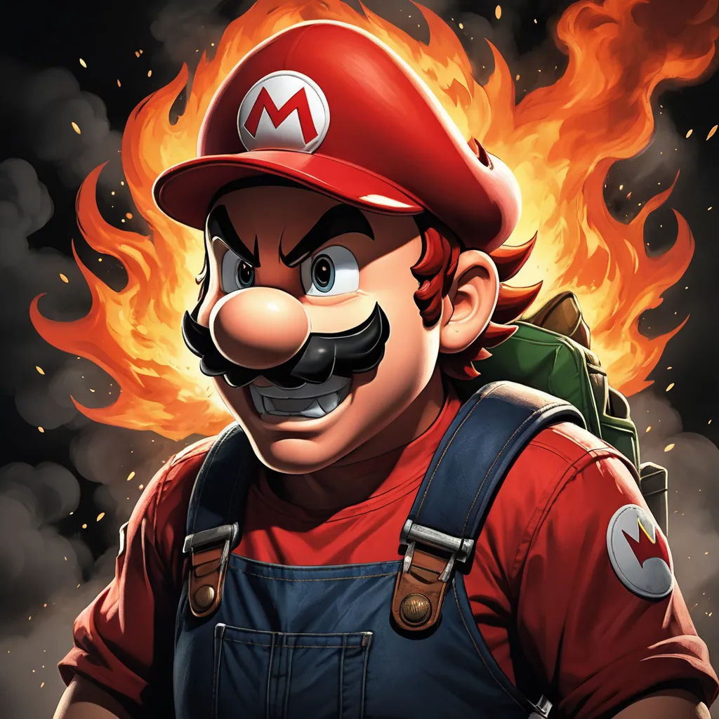 a cartoon character with a mustache and a mustache on his face, with a fire behind him and a backpack on his back, sots art, a character portrait, Chris LaBrooy, official art