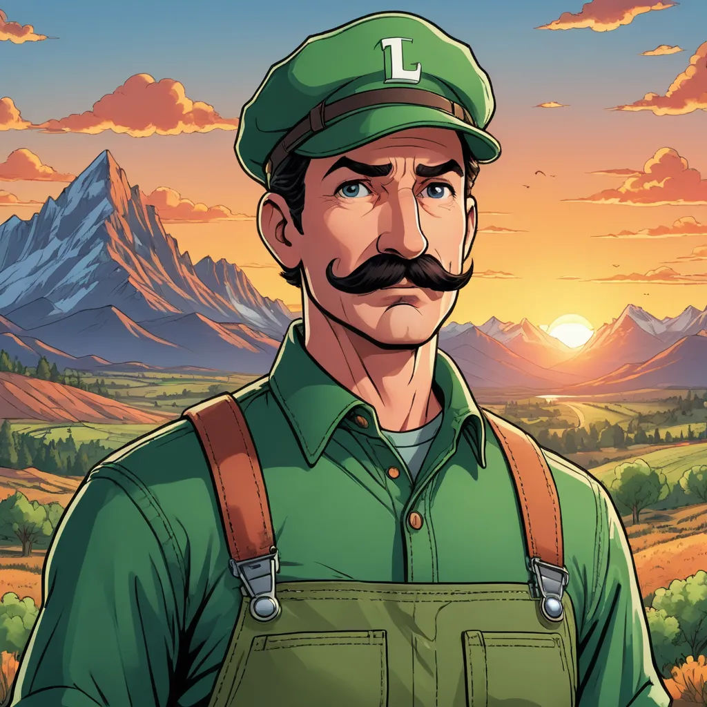 a man with a mustache and a green shirt in front of a mountain range with a sunset in the background, lyco art, a character portrait, Chris LaBrooy, official art