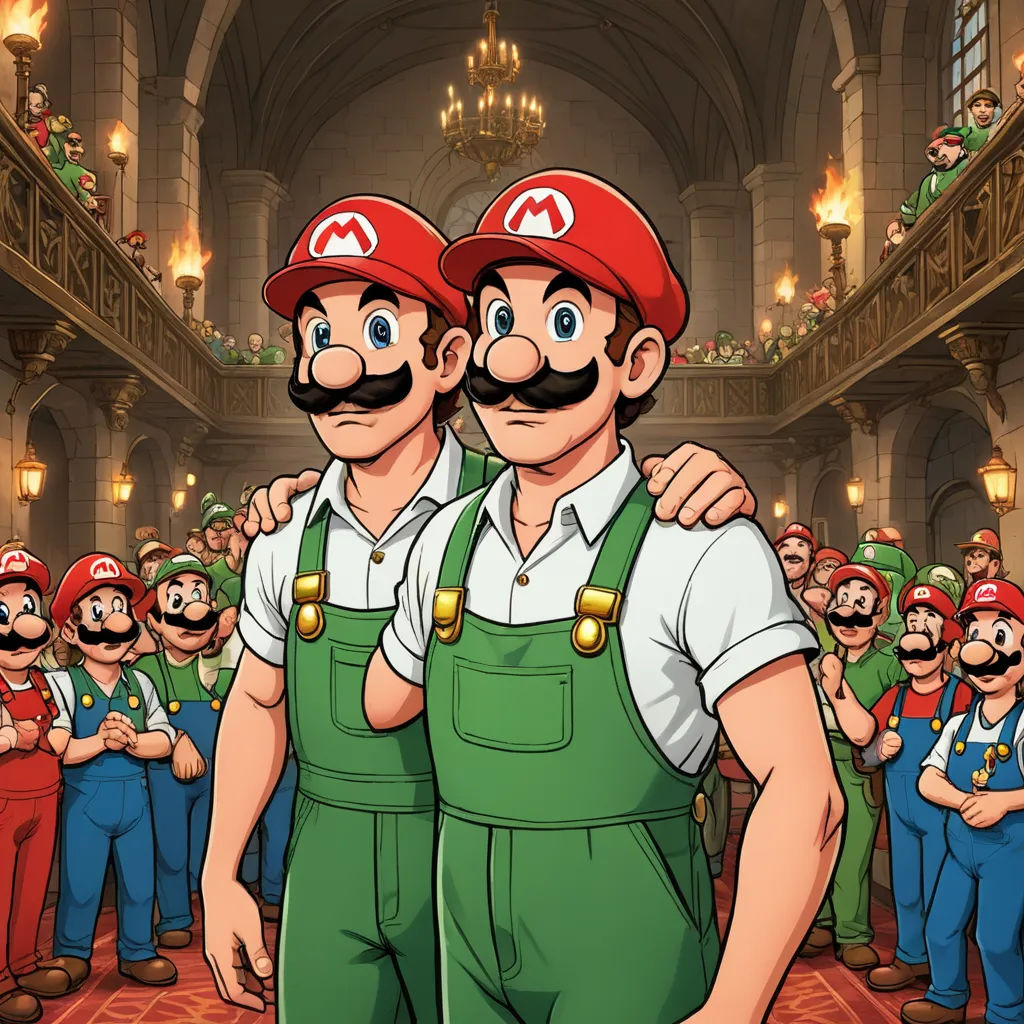 two men with mustaches are standing in front of a crowd of people in mario bros outfits and hats, context art, concept art, Brothers Hildebrandt, official art