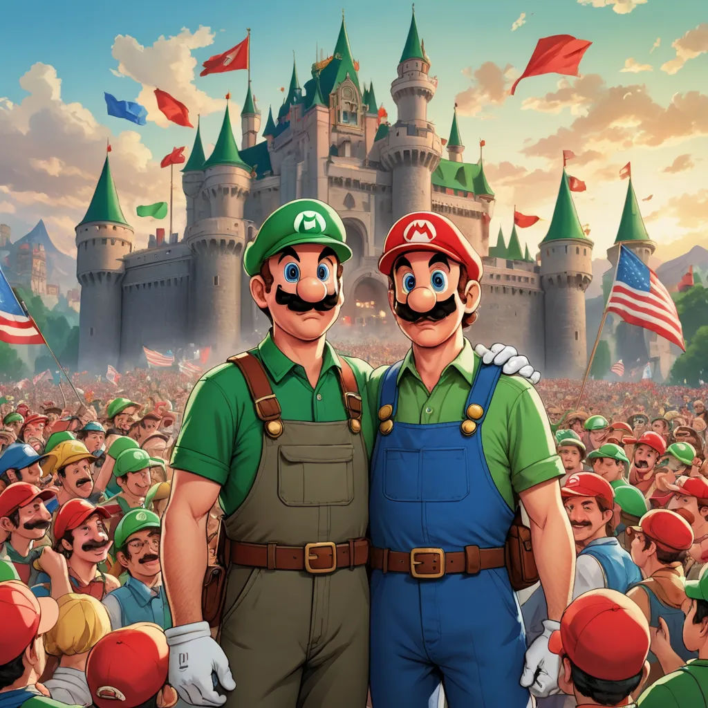 two nintendo brothers standing in front of a castle with flags flying in the background and a crowd of people, sots art, concept art, Chris LaBrooy, official art