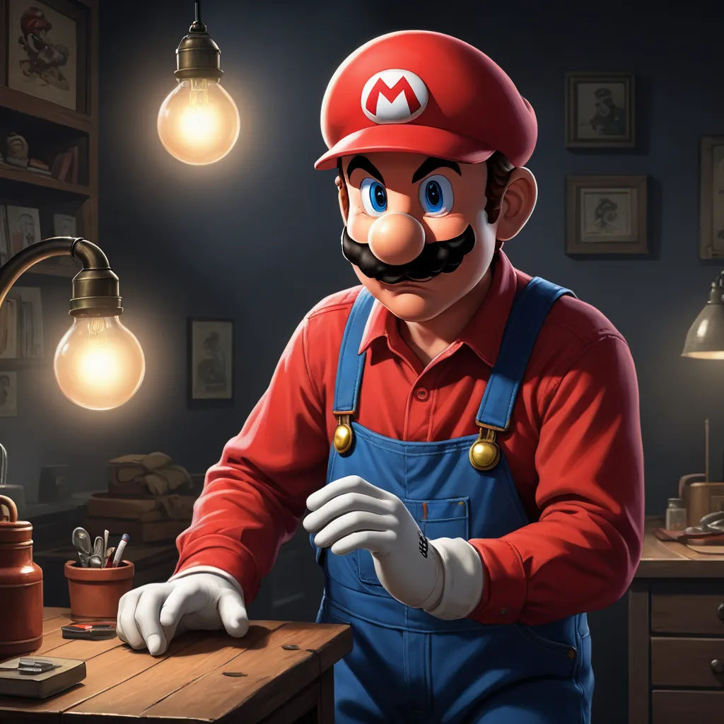 a man in a red shirt and blue overalls standing in front of a desk with a light bulb on it, photorealism, an airbrush painting, Artgerm, rossdraws global illumination