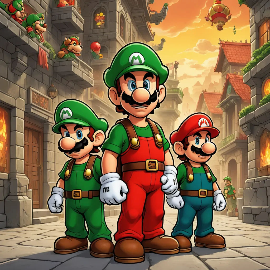 a group of people standing next to each other in front of a castle with mario and luigi on it, sots art, concept art, Altoon Sultan, official art