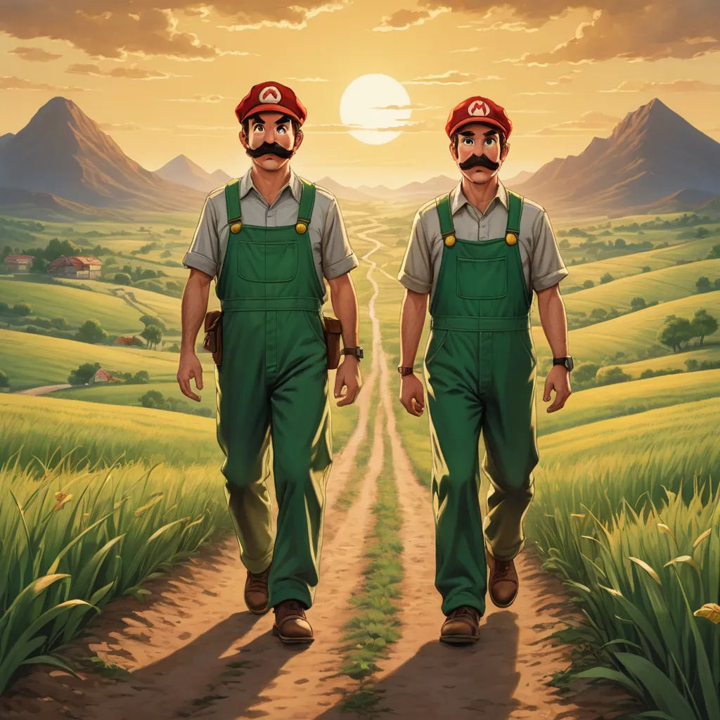 two men walking down a dirt road in front of a sunset with mountains and fields in the background and a sun setting, fantastic realism, a fine art painting, Chris LaBrooy, official art