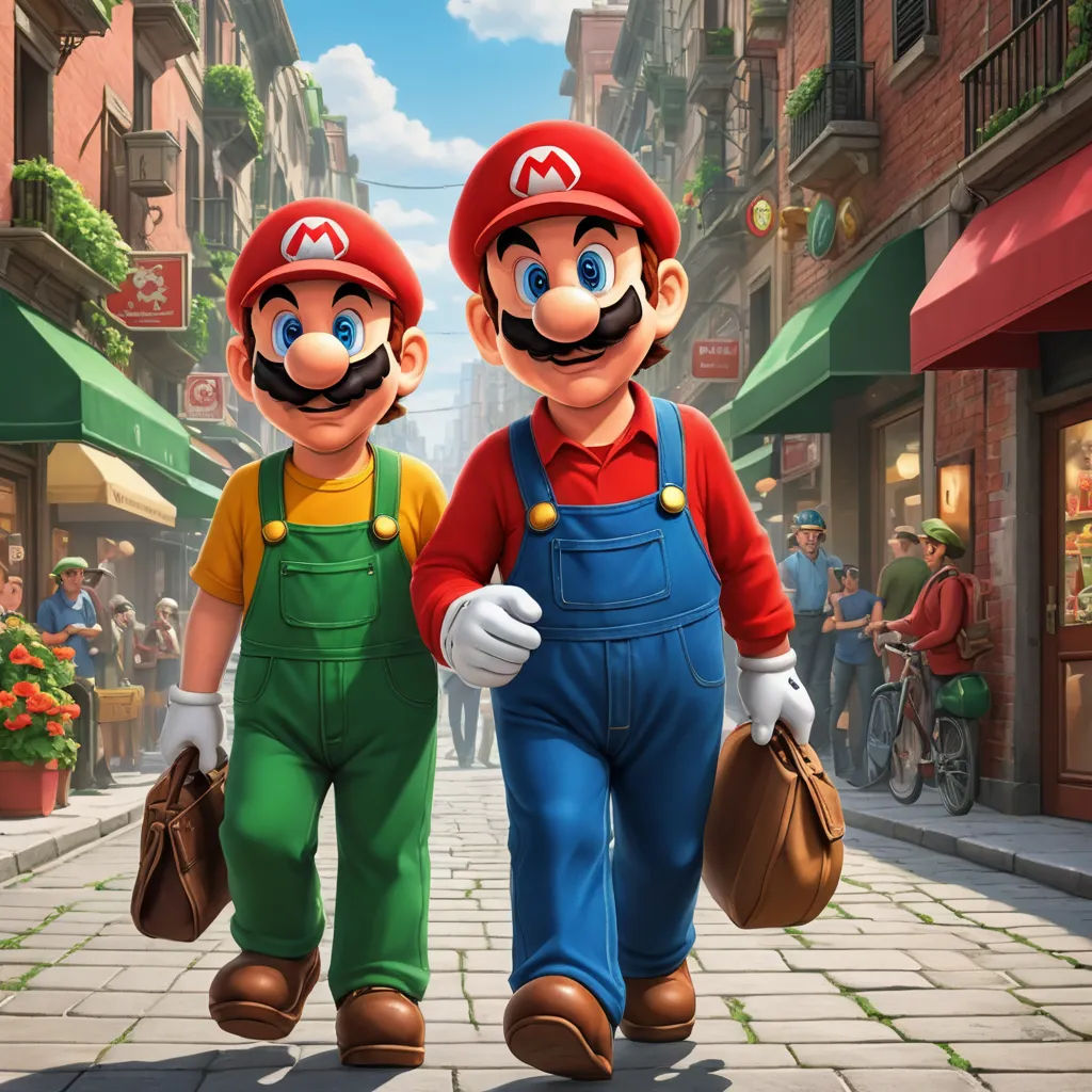 two people in overalls and hats walking down a street with a person in a red shirt and green pants, fantastic realism, concept art, Chris LaBrooy, official art