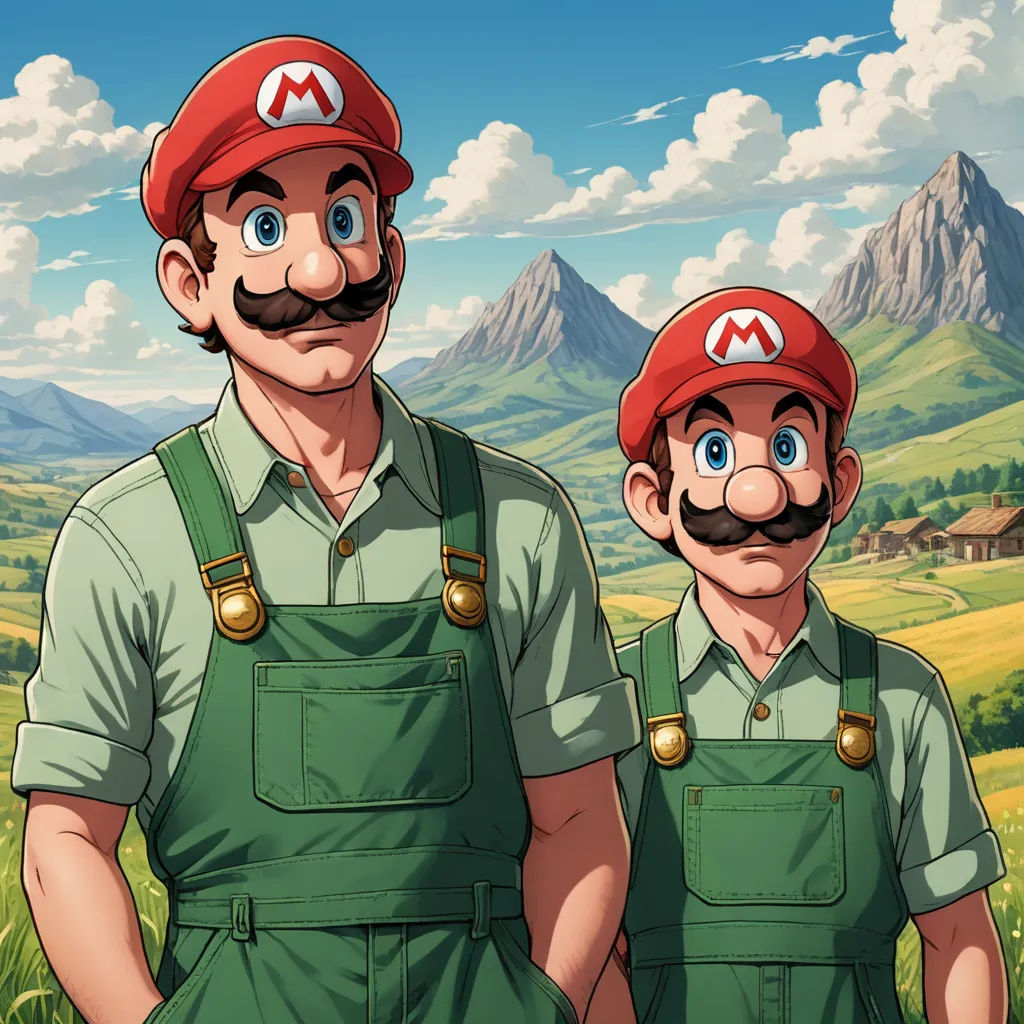 two men in overalls and hats standing in front of a mountain range with a sky background and clouds, sots art, concept art, Adam Manyoki, official art