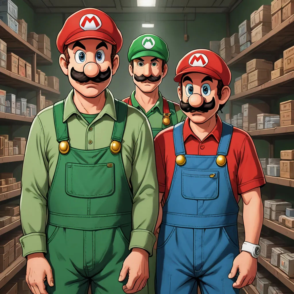 three men in overalls and hats standing in a store aisle with shelves of boxes and boxes on the shelves, classical realism, a fine art painting, Chris LaBrooy, unsettling