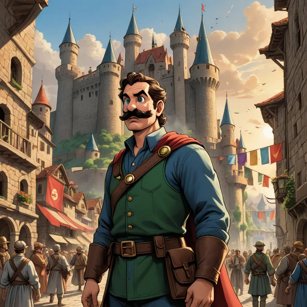 a man in a green uniform standing in front of a castle with a mustache and a red cape on, sots art, concept art, Chris LaBrooy, official art