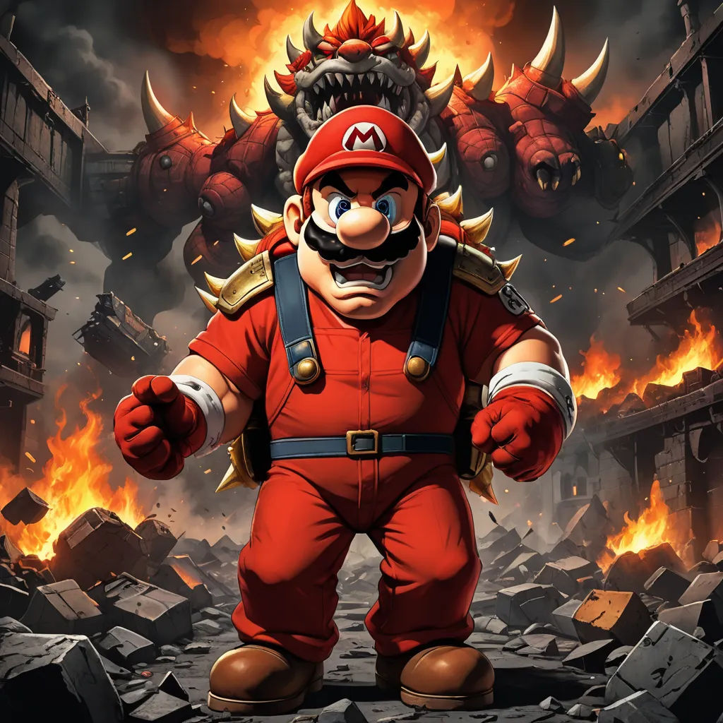 a cartoon character with a mustache and a mustache on his face standing in front of a fire and smoke background, sots art, concept art, Eddie Mendoza, official art