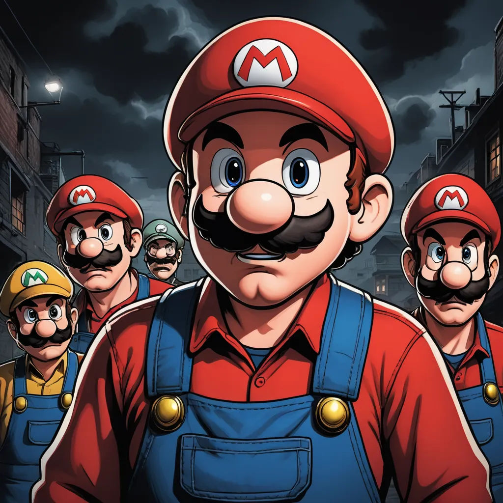 a cartoon of a man with a mustache and a mustache on his face, surrounded by other men in overalls, sots art, concept art, Eddie Mendoza, official art