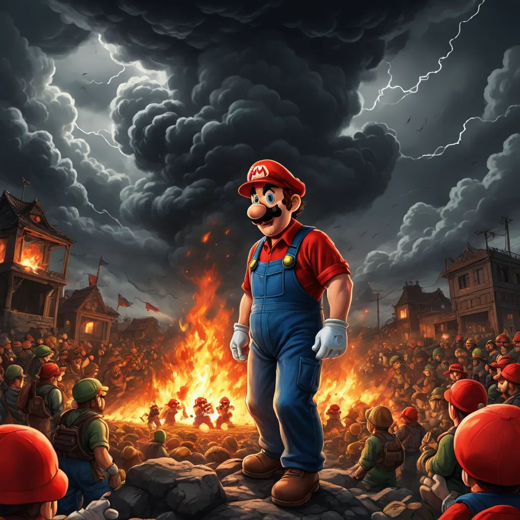 a cartoon of a man standing in front of a fire with a bunch of people around him and a dark sky, sots art, concept art, Chris LaBrooy, dystopian art