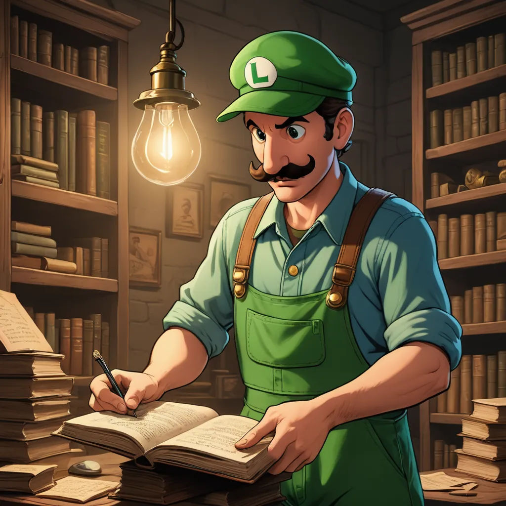 a man in a green hat is writing in a book in a library with a lamp and bookshelves, academic art, concept art, Chris LaBrooy, rossdraws global illumination