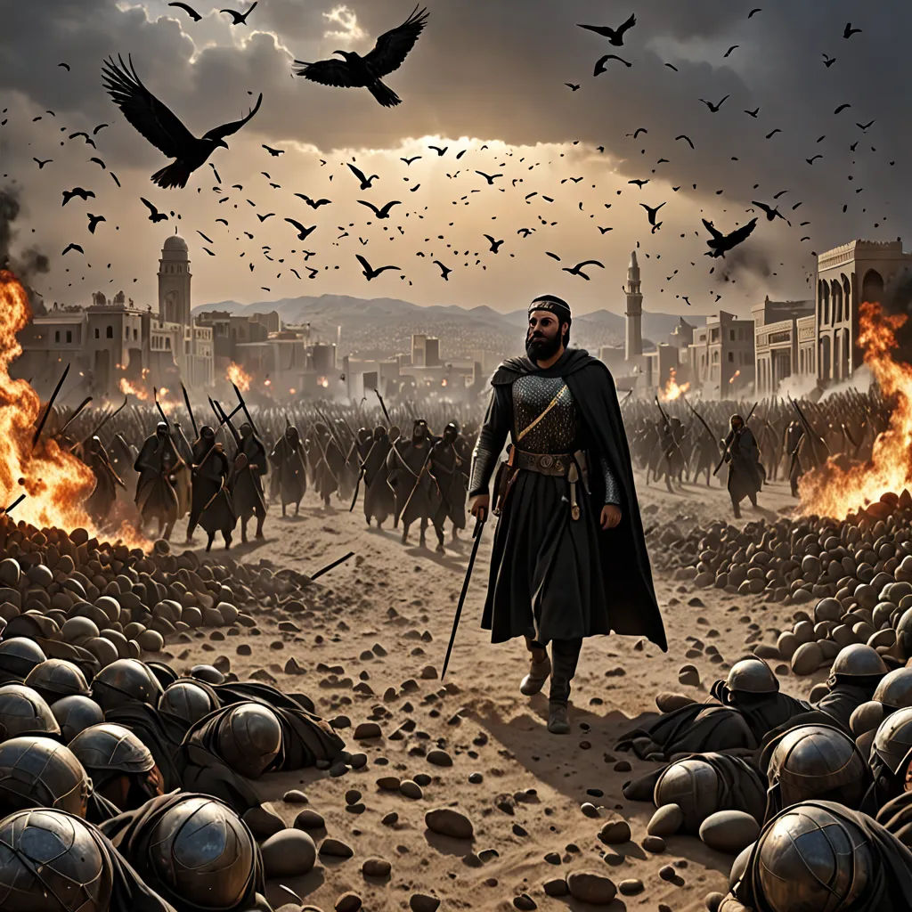 a man in a black cape and a sword standing in front of a large group of people in a desert, dau-al-set, a detailed matte painting, Altoon Sultan, cinematic photography