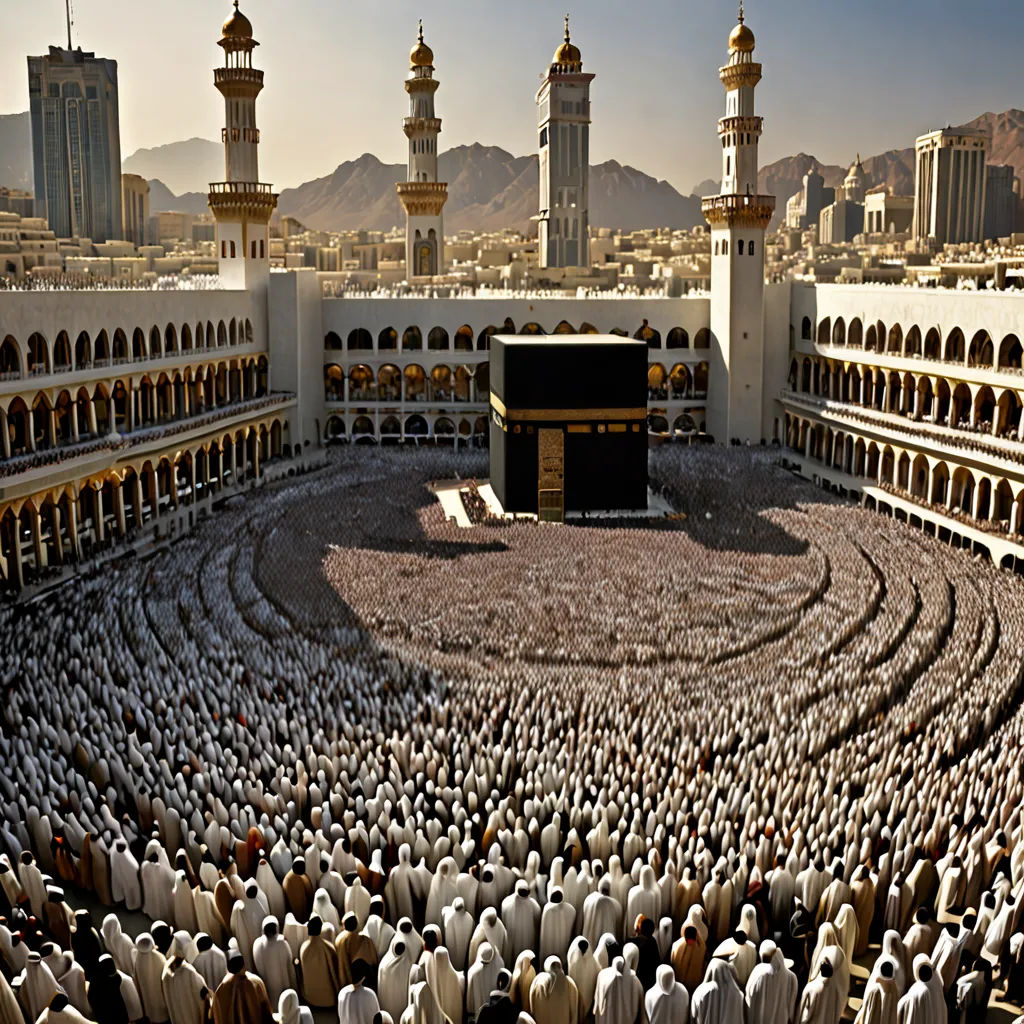a large group of people standing in a circle in a building with a large courtyard and a large building with a clock on it, hurufiyya, a mosaic, Aya Goda, very beautiful