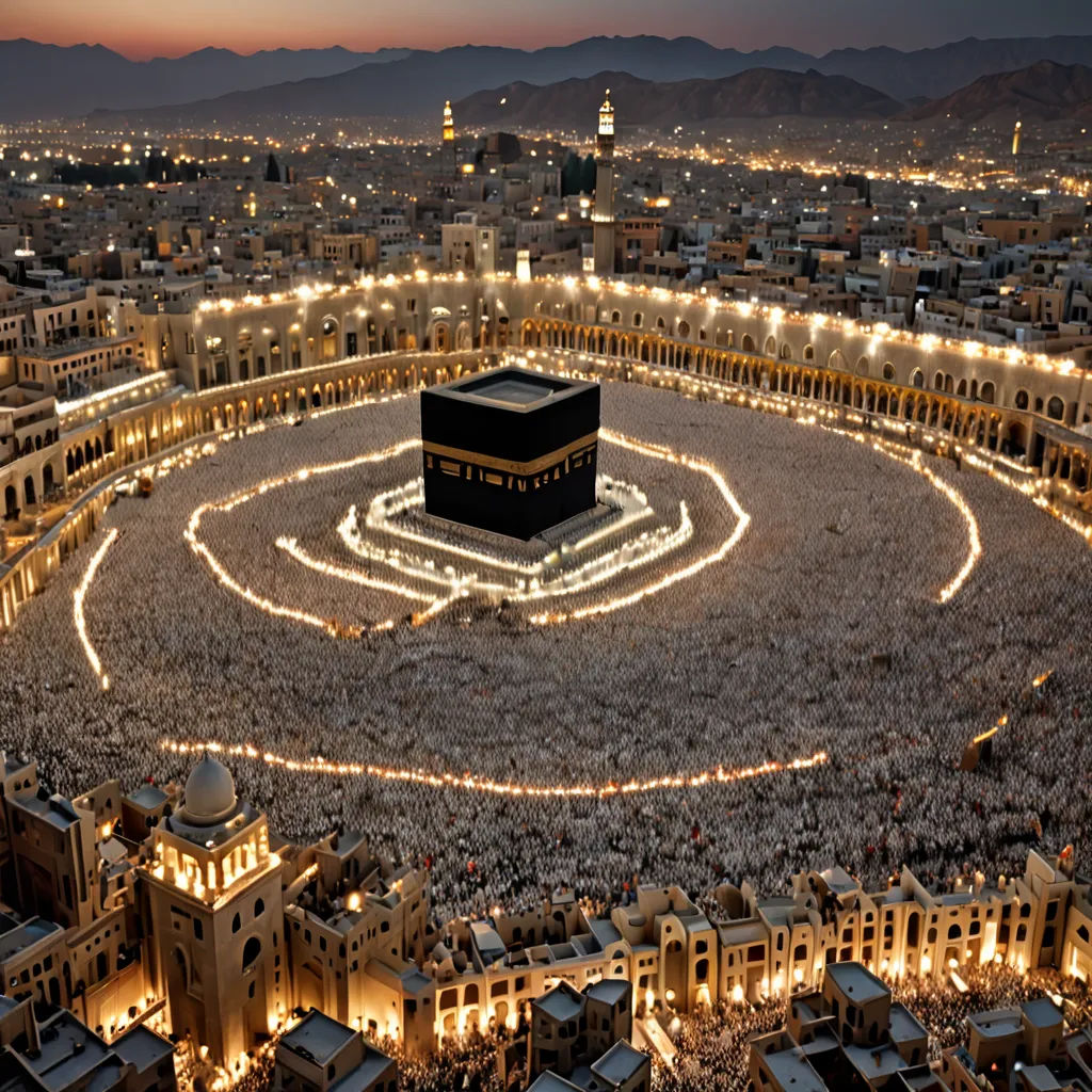a large crowd of people surrounding a large building in the middle of a city at night time with lights on the ground, hurufiyya, a colorized photo, Aya Goda, very beautiful