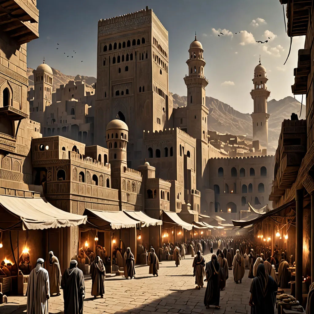 a group of people walking around a city street next to tall buildings with towers on top of them and a sky background, hurufiyya, a detailed matte painting, Edwin Deakin, matte painting