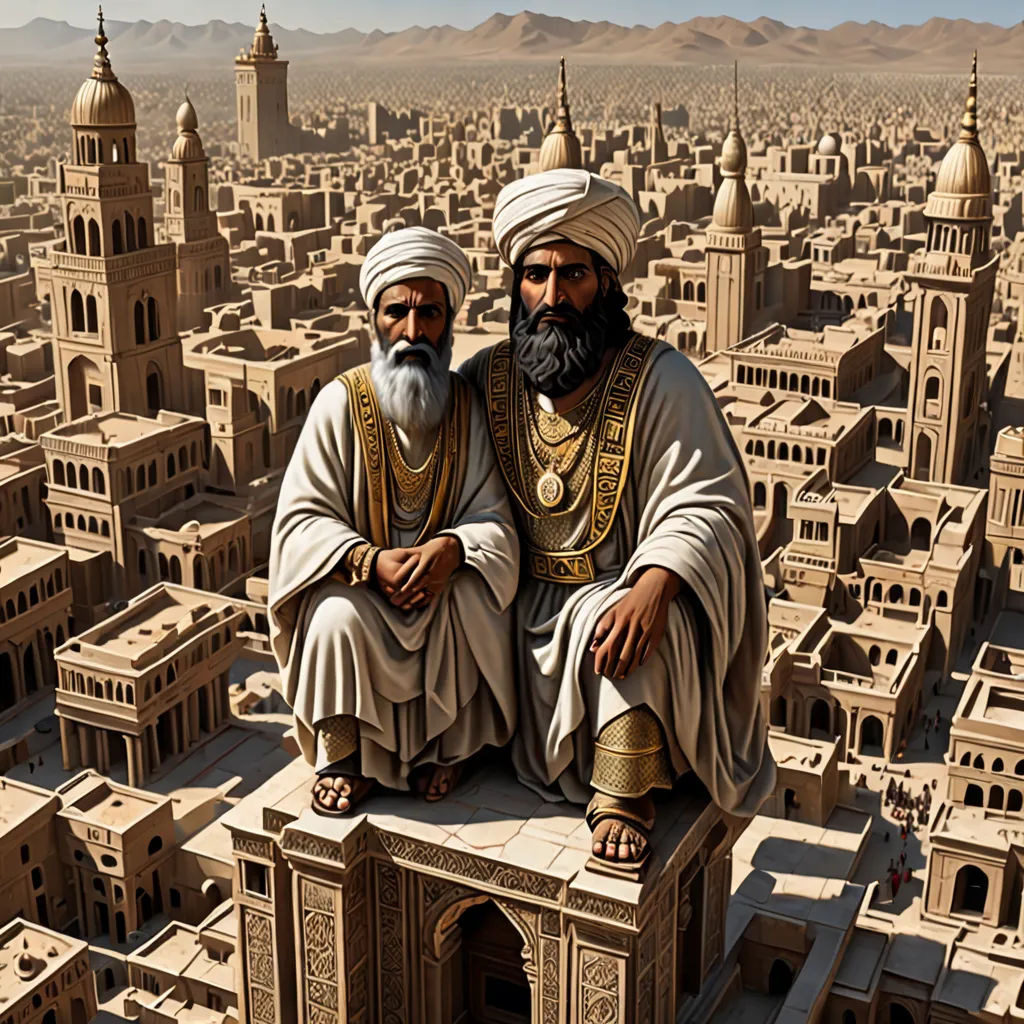 two men sitting on top of a building in a desert city with a sky background and a mountain range in the distance, qajar art, egyptian art, Altoon Sultan, highly detailed digital art