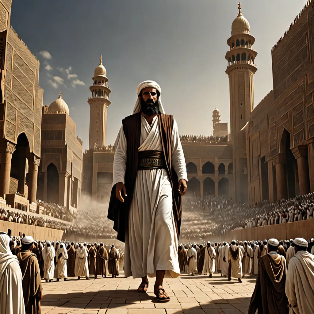 a man in a white robe and a black beard walking through a courtyard with a crowd of people in the background, hurufiyya, a detailed matte painting, Altoon Sultan, cinematic matte painting