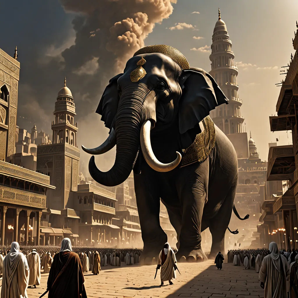 a large elephant walking down a street next to a crowd of people in a city with tall buildings and a sky filled with clouds, fantasy art, a detailed matte painting, Clint Cearley, matte fantasy painting
