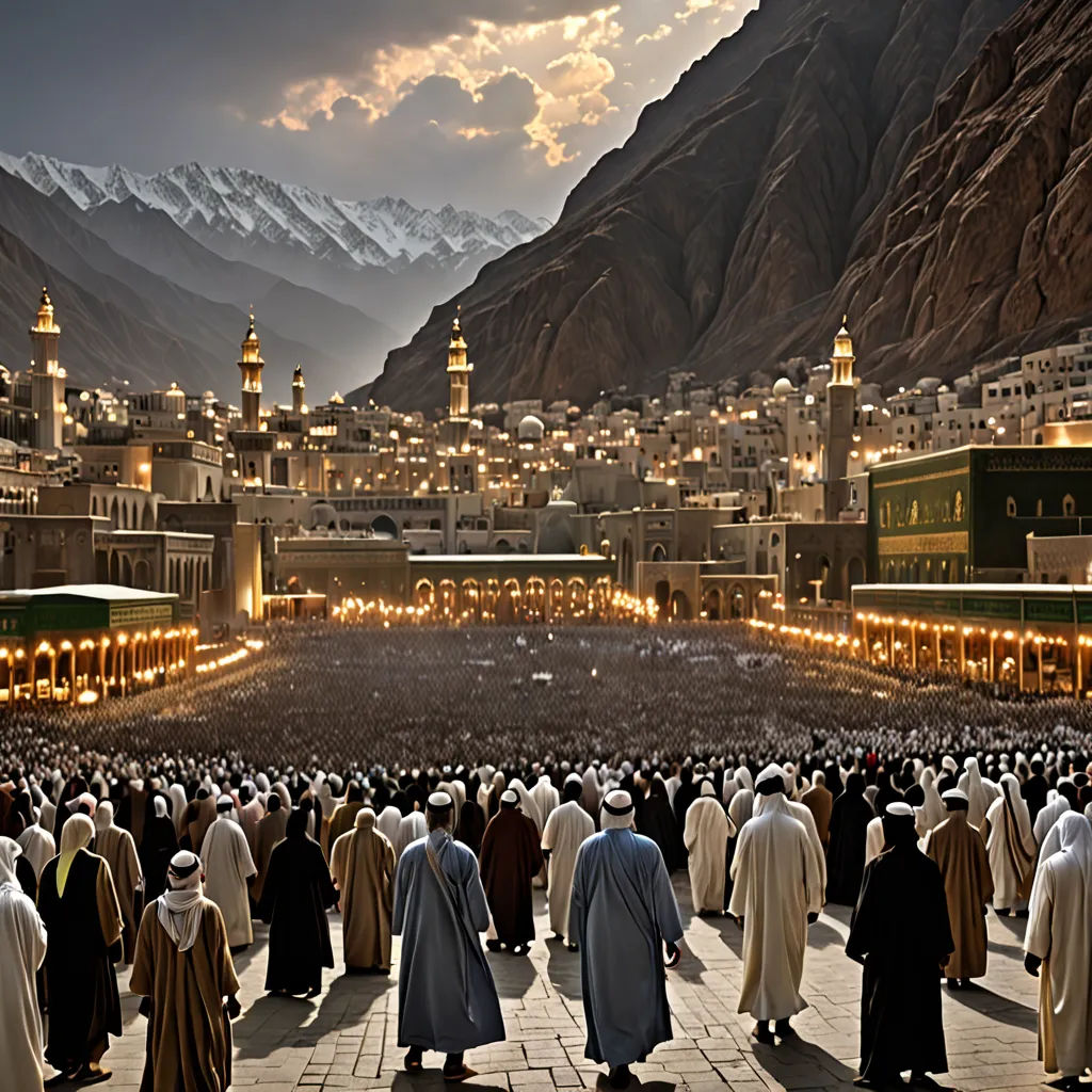 a large group of people standing around a large courtyard with lights on it and mountains in the background with buildings, hurufiyya, a detailed matte painting, Amir Zand, stunning scene
